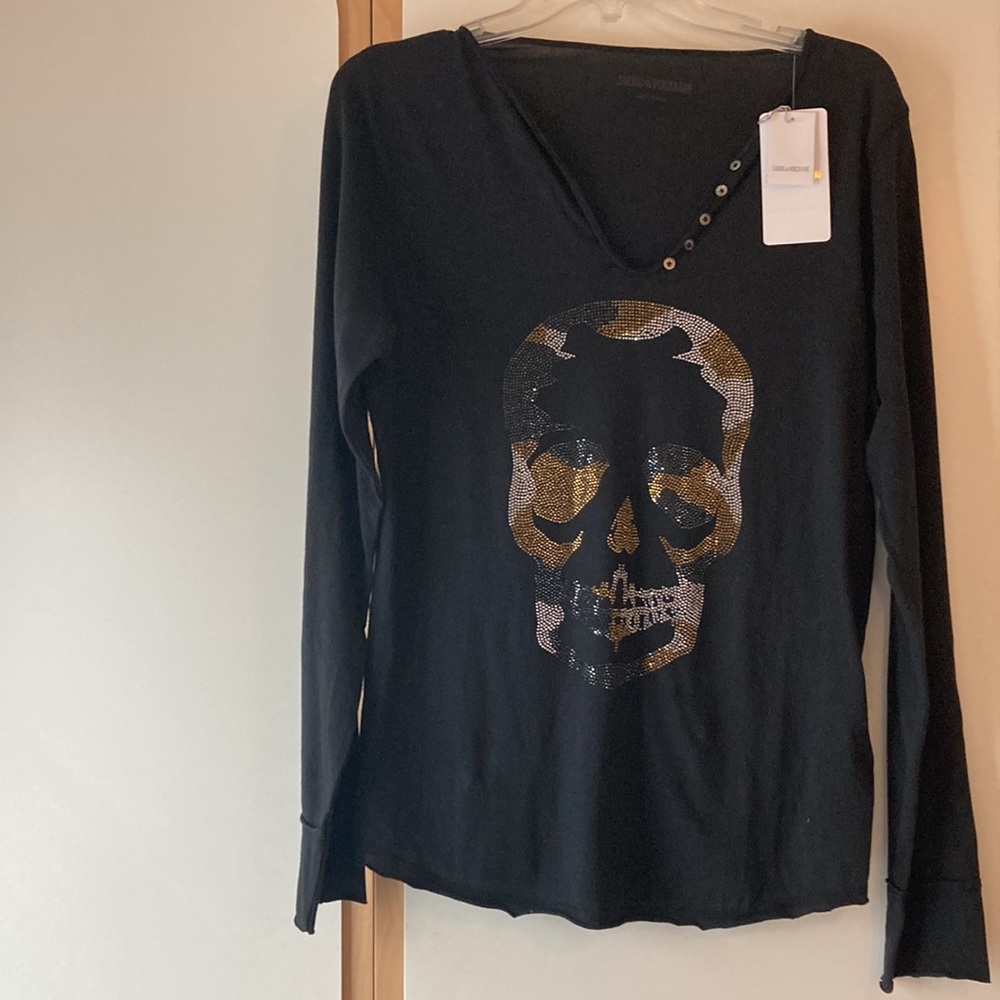 Zadig & Voltaire Tunisien Camo Skull Henley Long Sleeve Tee Shirt Henley, Size L